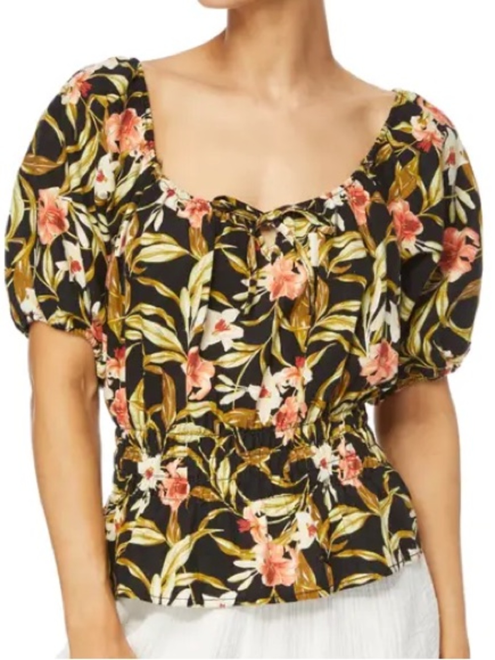 Kensie Linen Black Tropical Floral Puff Sleeve Peasant Top With Keyhole Large
